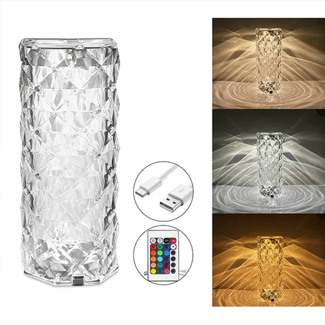 Decorative lamp with crystal design, 16-color LED lights, remote control, and USB cable on a white background - Arain Smart Store