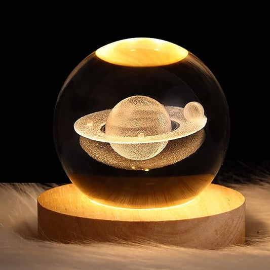 3D Galaxy Space Crystal Ball Night Light with Wooden LED Stand