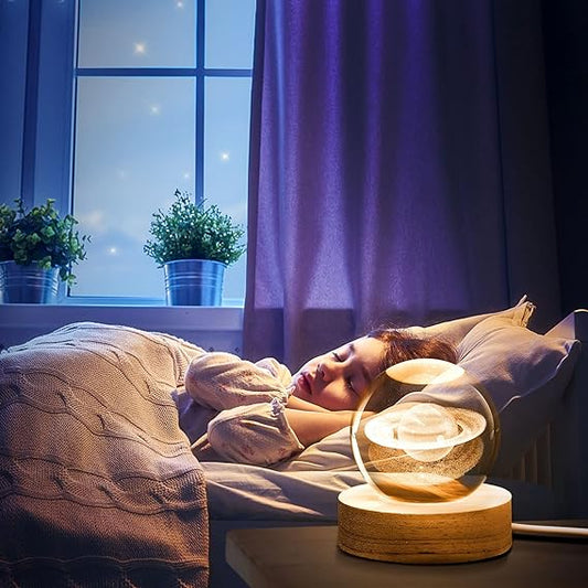 3D Galaxy Space Crystal Ball Night Light with Wooden LED Stand