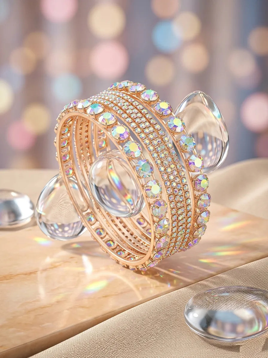 Modern Gold Plated Crystal Kara Bangle Set of 6