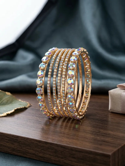 Modern Gold Plated Crystal Kara Bangle Set of 6