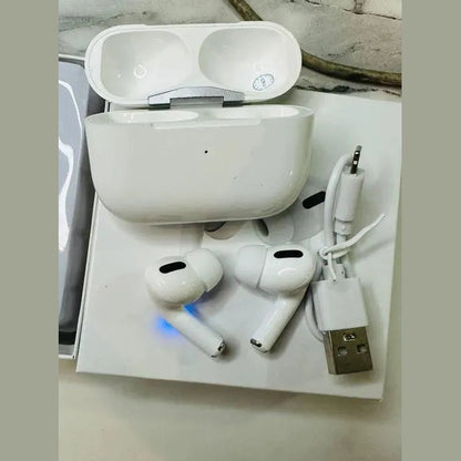 wireless earbuds with charging case and USB cable on white box