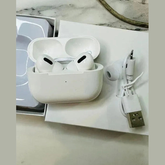 Wireless earbuds with charging case, extra ear tips, and USB charging cable on a box
