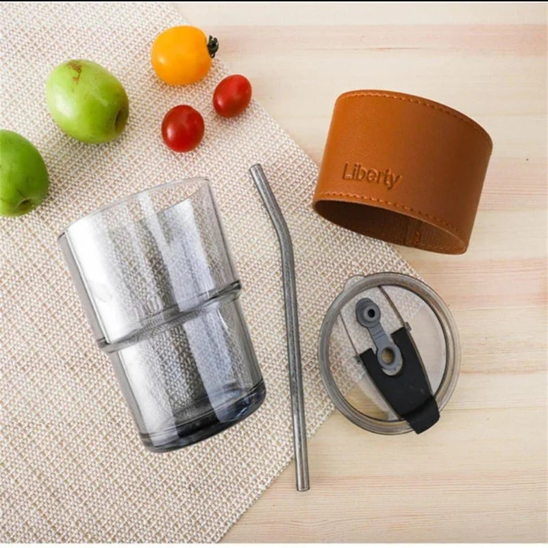 Bamboo Joint Glass Cup with Lid & Straw – 13oz Can-Shaped Tumbler