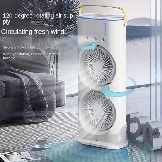 Mini Double Head Portable Mist Fan – Cooling & Humidifier with LED Light