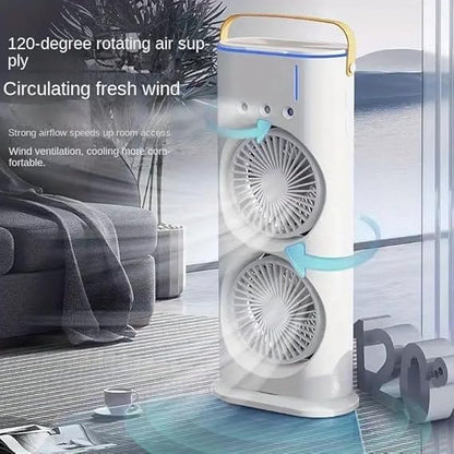 Mini Double Head Portable Mist Fan – Cooling & Humidifier with LED Light