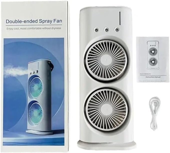 Mini Double Head Portable Mist Fan – Cooling & Humidifier with LED Light