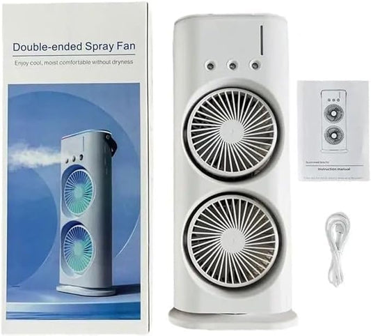 Mini Double Head Portable Mist Fan – Cooling & Humidifier with LED Light